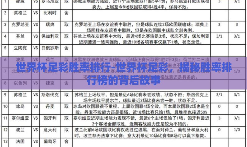 世界杯足彩胜率排行-世界杯足彩，揭秘胜率排行榜的背后故事